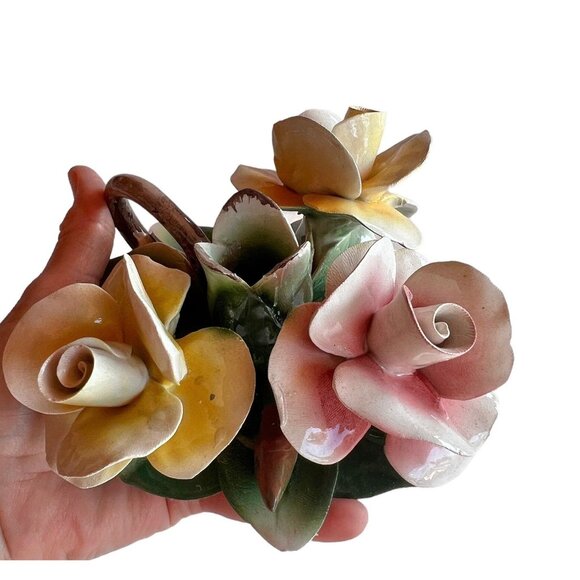 Capodimonte Roses Candle Stick Holder Pink Yellow Green Made in Italy Cottagecor - Picture 3 of 10